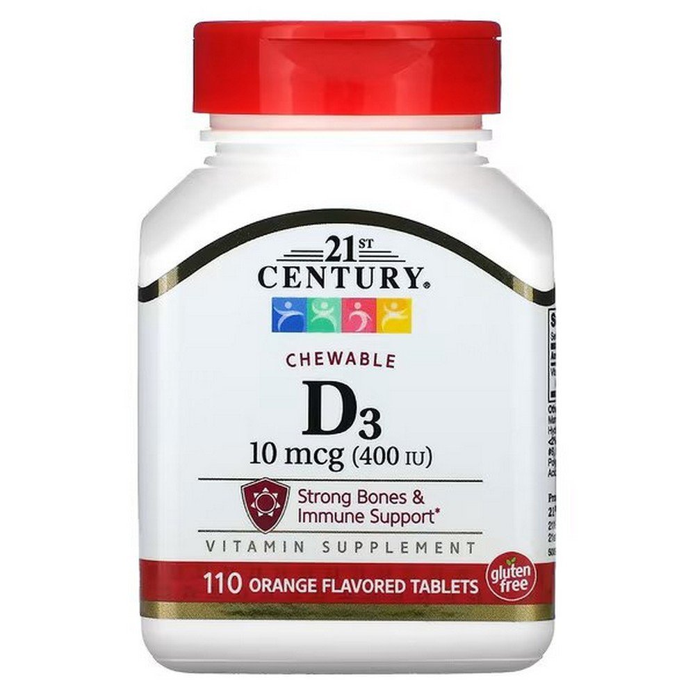 21st Century, Vitamin D3, Chewable, Orange Flavor, 100 mcg, (400 IU), 110 Tablets,21st Century, витамин D3, в жевательной форме, апельсиновый вкус, 100 мкг, (400 МЕ), 110 таблеток