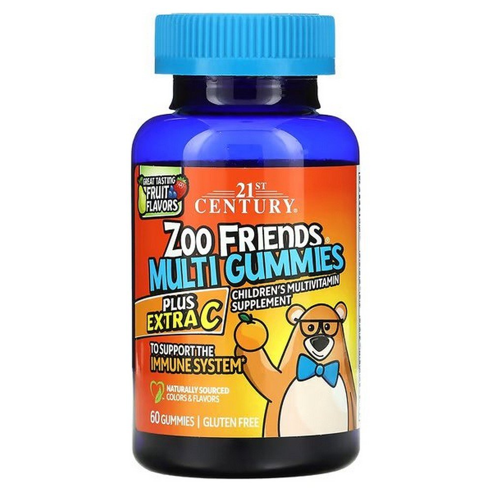 21st Century, Zoo Friends Multi Gummies, Plus Extra C,60 fruit gummies,21st Century, Zoo Friends, мультивитаминные жевательные мармеладки, плюс дополнительный витамин C, 60 жевательных таблеток