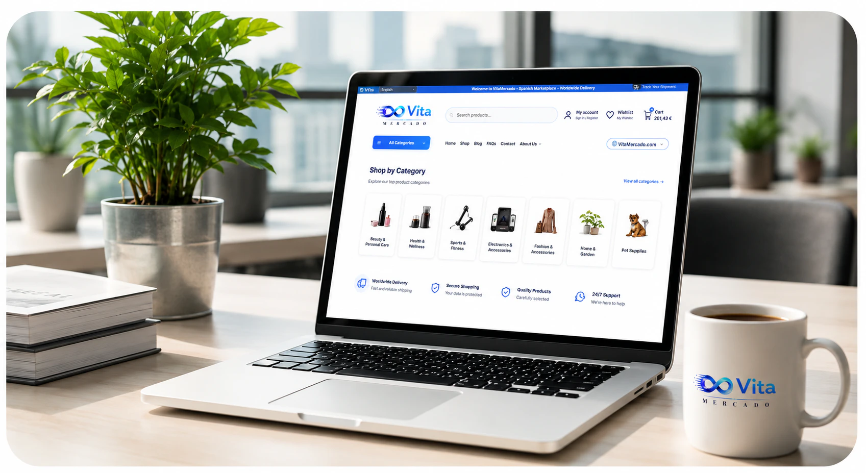 Portátil mostrando el marketplace online de VitaMercado