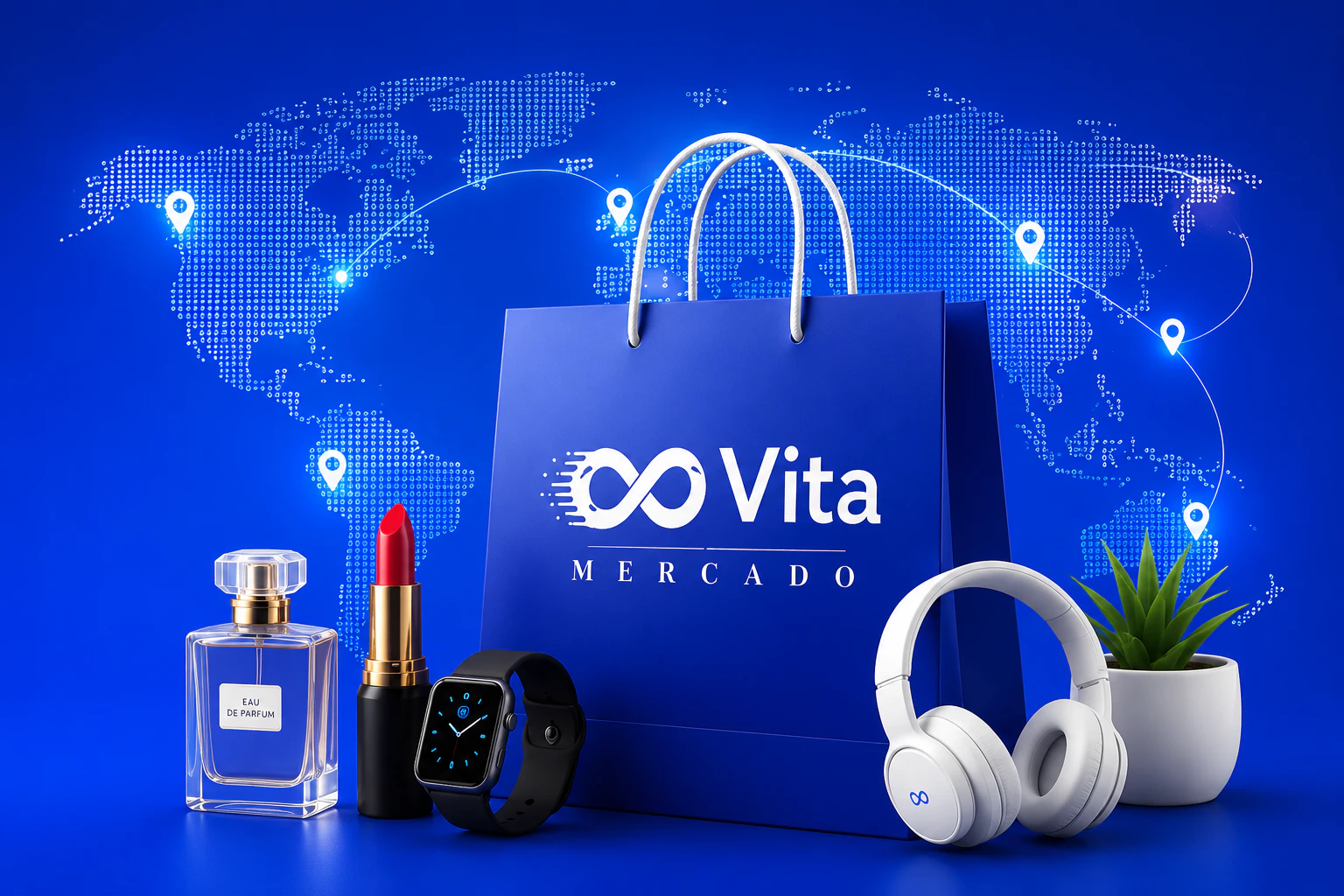 Bolsa de compra VitaMercado con productos de belleza, electrónica y estilo de vida frente a un mapa del mundo