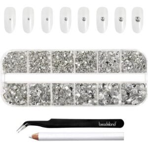 Beadsland 2500pcs Clear Crystals Flat Gems Round for DIY Nails 8 Sizes SS4-SS30 with Tweezers and Applicator (Clear),Beadsland 2500 szt. przezroczystych kryształków, płaskie klejnoty, okrągłe, do majsterkowania, do paznokci, 8 rozmiarów SS4–SS30, z pęsetą i aplikatorem (przezroczyste)