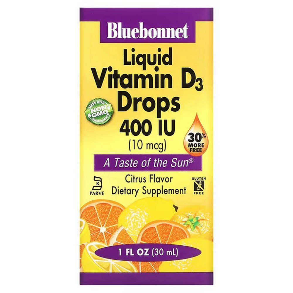 Bluebonnet Nutrition, Liquid Vitamin D3 Drops, Natural Citrus Flavor, 400 IU, 1 fl. oz. (30ml),Bluebonnet Nutrition, Жидкий витамин D3 в каплях, натуральный аромат цитрусовых, 400 МЕ, 1 жидк. унц. (30 мл)