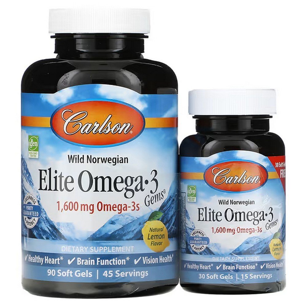 Carlson, Elite Omega-3 Gems, Natural Lemon Flavor, 1600 mg, 120 Capsules (800 mg per Capsule),Carlson, Elite Omega-3 Gems, натуральный лимонный вкус, 1600 мг, 120 капсул (800 мг в 1 капсуле)