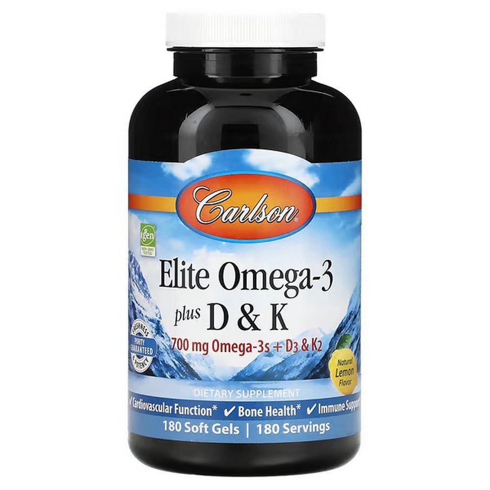 Carlson, Elite Omega-3 Plus D&K, Natural Lemon Flavor, 180 Softgels,Carlson, Elite Omega-3 с витаминами D и K, натуральный вкус лимона, 180 мягких таблеток