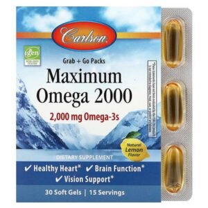 Carlson, Maximum Omega 2000, Omega-3 Fatty Acids, Natural Lemon Flavor, 2,000 mg, 30 Softgels (1,000 mg per Softgel),