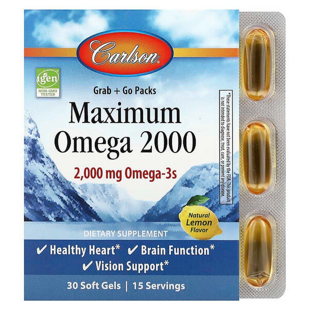 Carlson, Maximum Omega 2000, Omega-3 Fatty Acids, Natural Lemon Flavor, 2,000 mg, 30 Softgels (1,000 mg per Softgel),