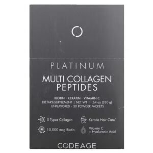Codeage, Platinum, Multi-Collagen Peptides, Biotin, Keratin, Vitamin C, 30 Packets, 0.38 oz (11 g),Codeage, Platinum, мультиколлагеновые пептиды, биотин, кератин, витамин C, 30 пакетиков по 11 г (0,38 унции)