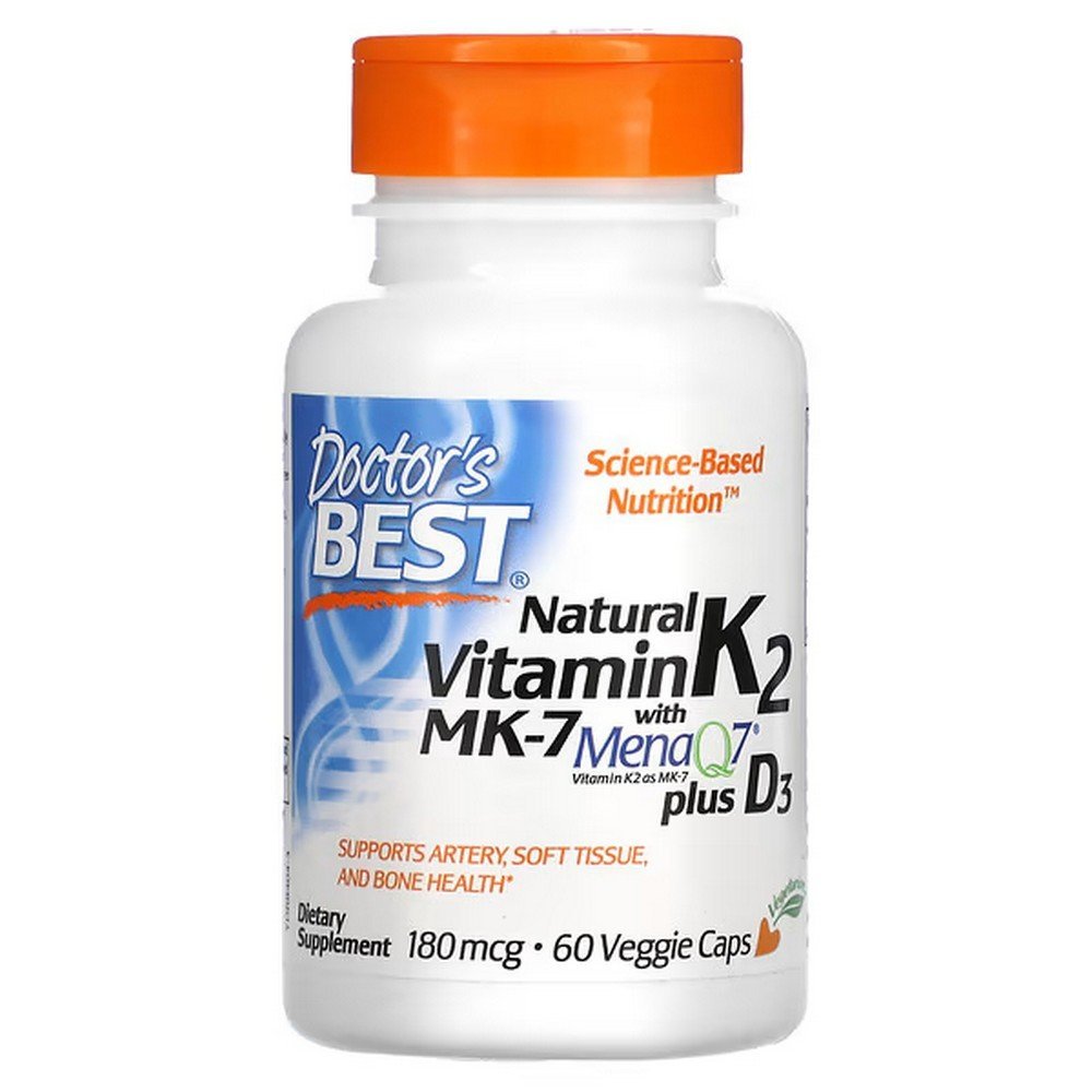 Doctor's Best, Natural Vitamin K2 MK-7 with MenaQ7 plus Vitamin D3, 180 mcg, 60 vegetarian capsules,Doctor's Best, натуральный витамин K2 MK-7 с MenaQ7 и витамином D3, 180 мкг, 60 вегетарианских капсул