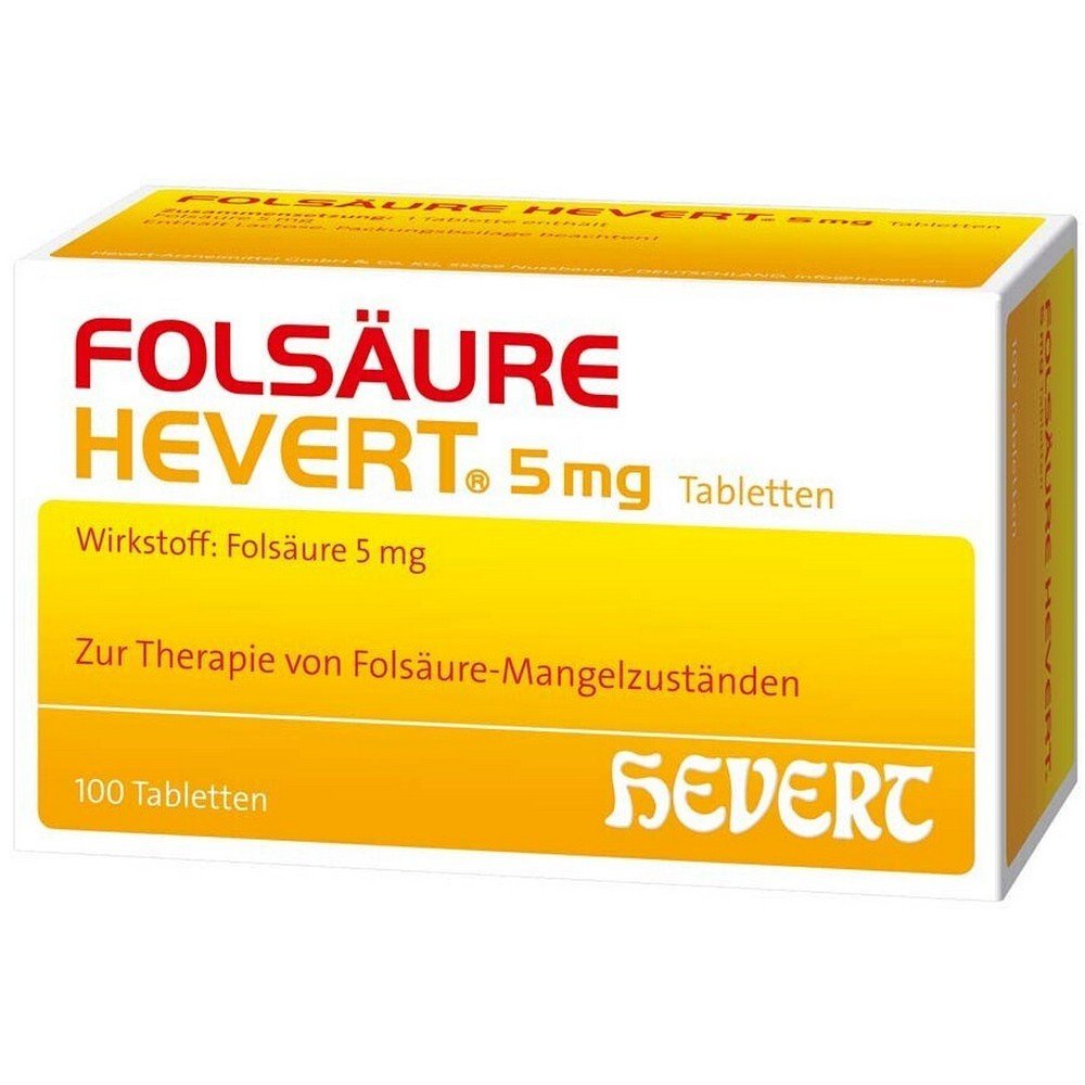Folic acid Hevert 5mg tablets 100 pieces.,Folsäure Hevert 5mg Tabletten 100 Stk.