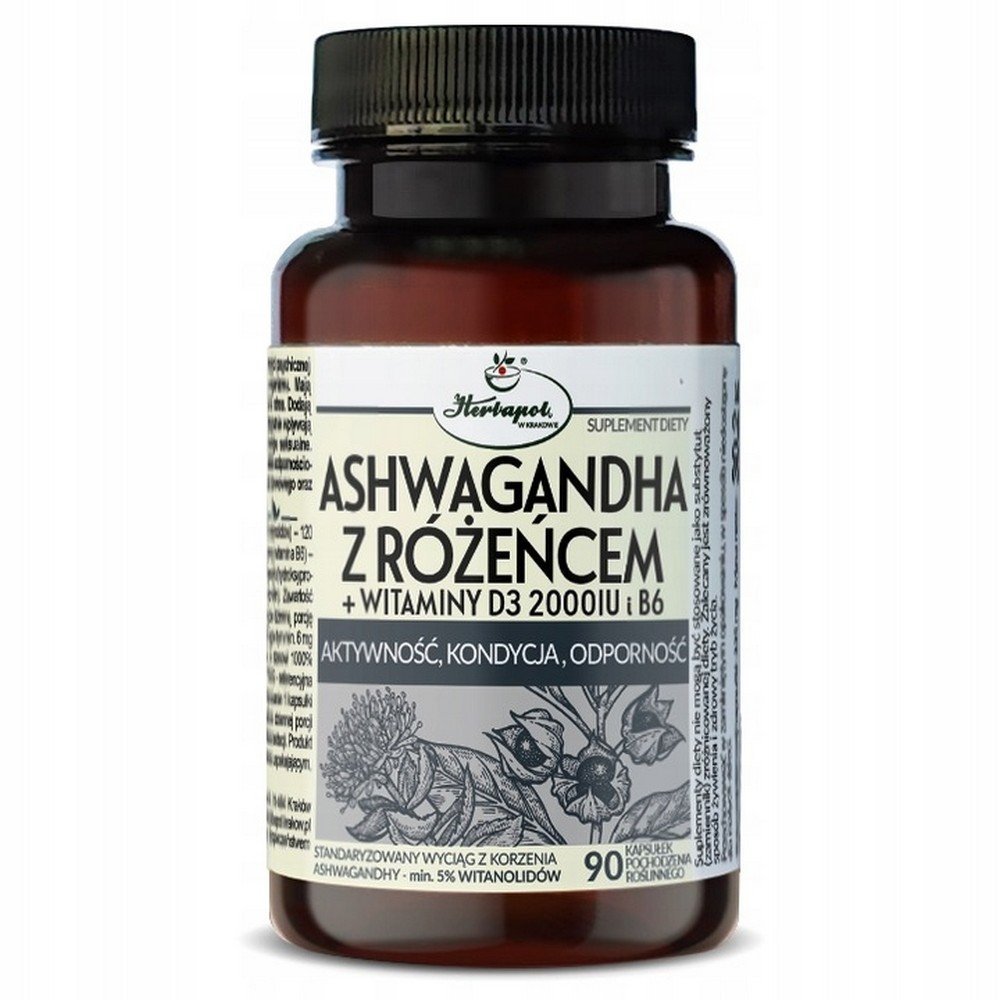 Herbapol Kraków,ASHWAGANDHA with ROSARY + vitamin D3, 90,ASHWAGANDHA z RÓŻANIEM + witamina D3, 90,