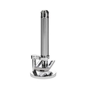 MÜHLE Shaving Set - Safety Razor with Open Comb and Chrome Metal Stand,MÜHLE Rasierset – Rasierhobel mit offenem Kamm und verchromtem Metallständer
