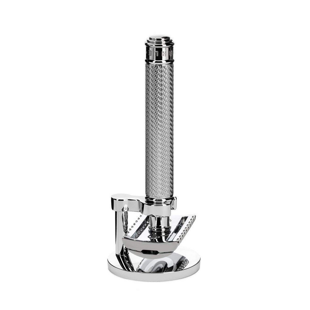 MÜHLE Shaving Set - Safety Razor with Open Comb and Chrome Metal Stand,MÜHLE Rasierset – Rasierhobel mit offenem Kamm und verchromtem Metallständer