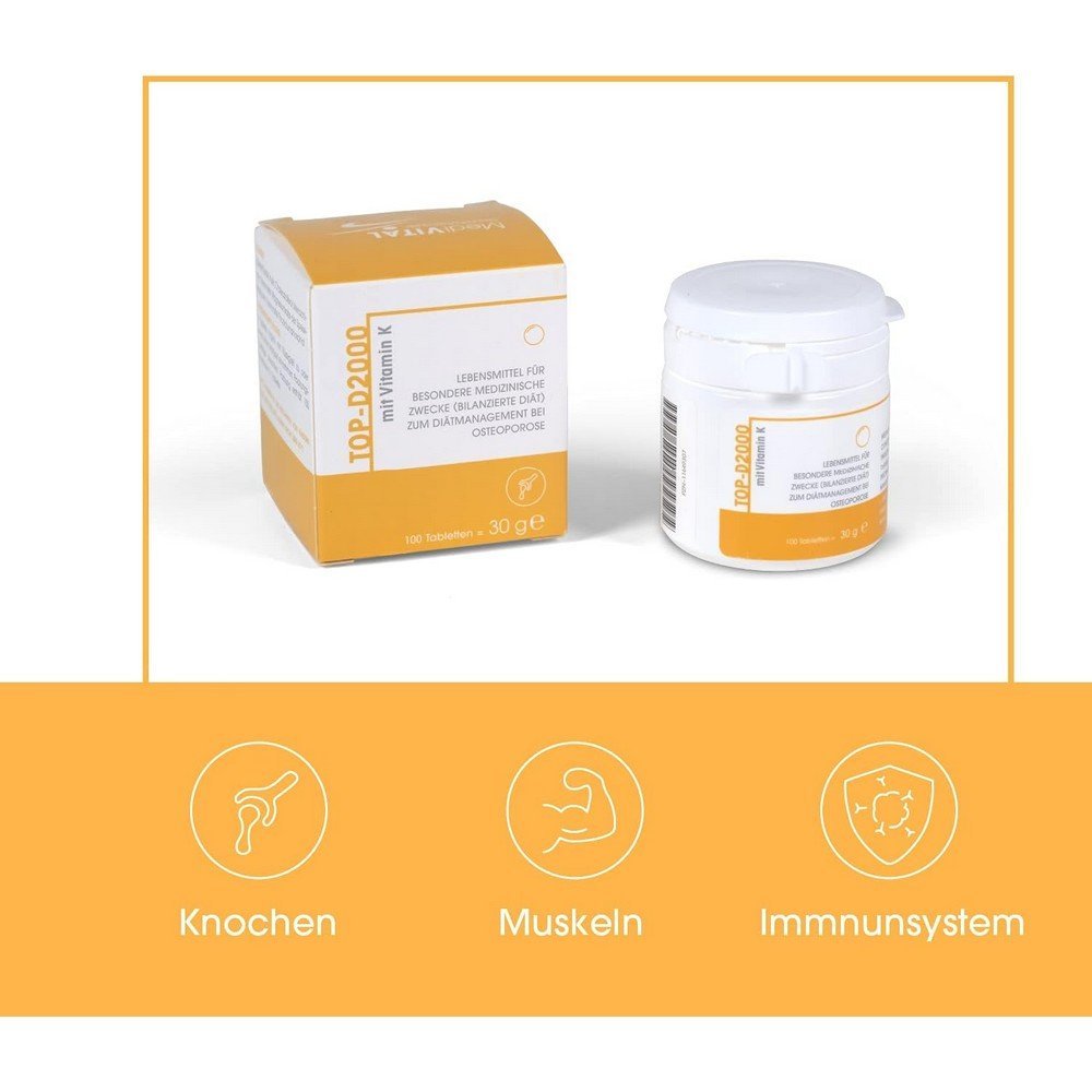 TOP-D Vitamin D3 K2 Vegan - High Dose 2000 IU 100 Tablets, TOP-D Vitamin D3 K2 Vegan – Hochdosiert 2000 IE 100 Tabletten
