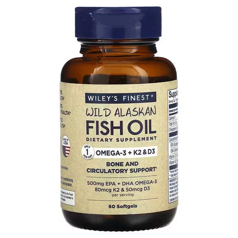Wiley's Finest, Wild Alaska Fish Oil, Omega-3 + K2 and D3, 60 Fish Softgels,Wiley's Finest, Wildes Alaska-Fischöl, Omega-3 + K2 und D3, 60 Fisch-Weichkapseln
