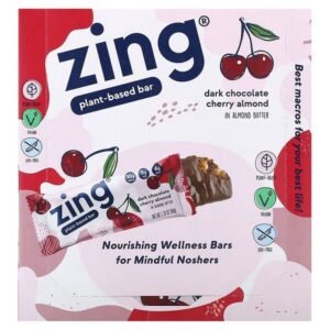 Zing Bars, Plant-Based Bar, Dark Chocolate Cherry Almond In Almond Butter, 12 Bars, 50 g (1.76 oz.) Each,Zing Bars, Pflanzlicher Riegel, Dunkle Schokolade-Kirsch-Mandel-In-Mandel-Butter, 12 Riegel, je 50 g (1,76 oz.)