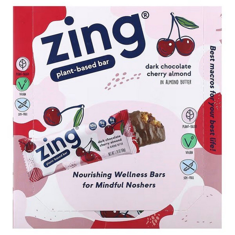 Zing Bars, Plant-Based Bar, Dark Chocolate Cherry Almond In Almond Butter, 12 Bars, 50 g (1.76 oz.) Each,Zing Bars, Pflanzlicher Riegel, Dunkle Schokolade-Kirsch-Mandel-In-Mandel-Butter, 12 Riegel, je 50 g (1,76 oz.)